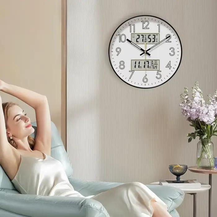 Horloge murale ronde sans tic-tac, brille dans la nuit, décoration de maison, avec calendrier, grand écran numérique de nuit de 10/12/14 pouces