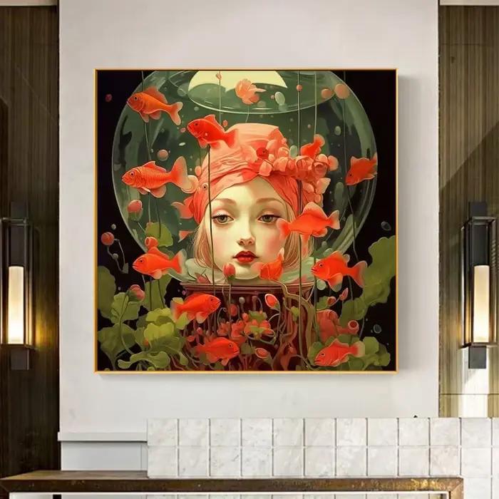 Surréalisme femme Portrait toile peinture mur Art affiche merveilleux fantaisie poisson et fille imprime pour salon décor à la maison