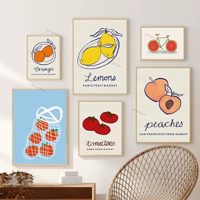 Affiche et impressions abstraites de fruits (citron, orange, pêche, tomate), peinture sur toile, décorations murales pour cuisine et salle à manger