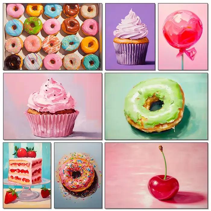 Peinture sur toile moderne rose, sucette, beignet, cerise, beignets, Macarons, Cupcake, impression Pop Art, affiche alimentaire colorée, décor de cuisine