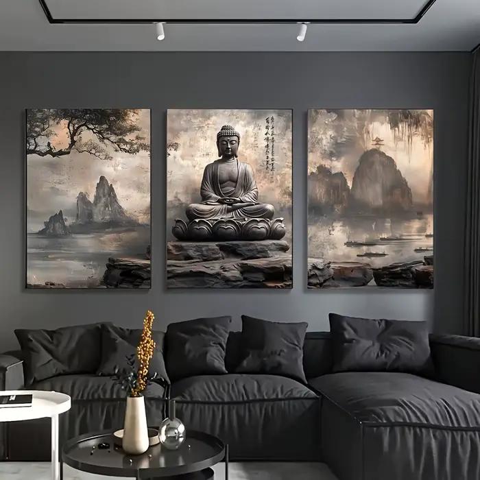 3 tableaux sur toile de méditation bouddhiste de style asiatique, adaptés à la décoration de salle de méditation, affiche cadeau spirituel