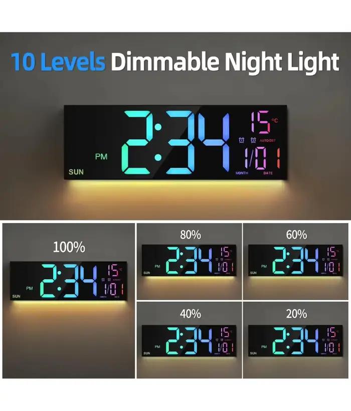 Grande horloge murale numérique 16.2 pouces, avec télécommande, grand LED/double alarme/8 couleurs rvb, réveil numérique, montre électronique