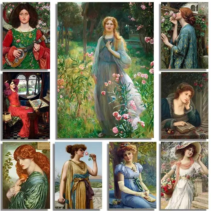 Paysage de jardin de printemps paisible et élégant avec Portrait de filles, affiches d'art, peinture à l'huile sur toile imprimée, galeries de musée, décor mural