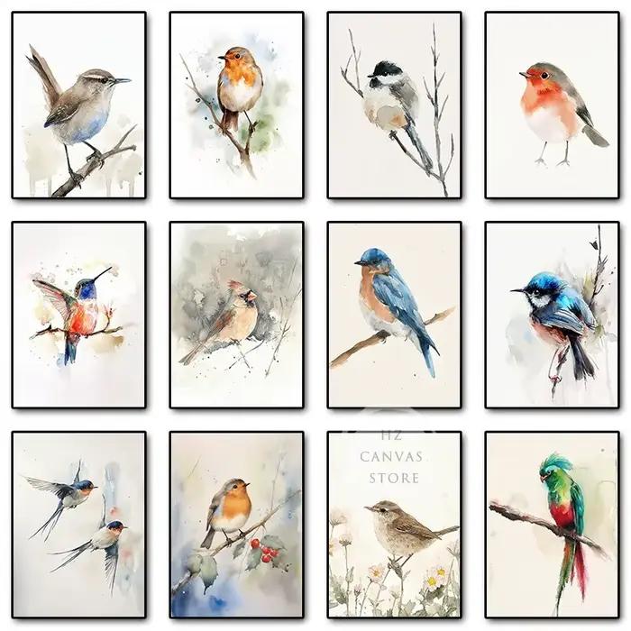 Peinture sur toile 2D, affiche et impression d'aquarelle d'oiseaux (mésange