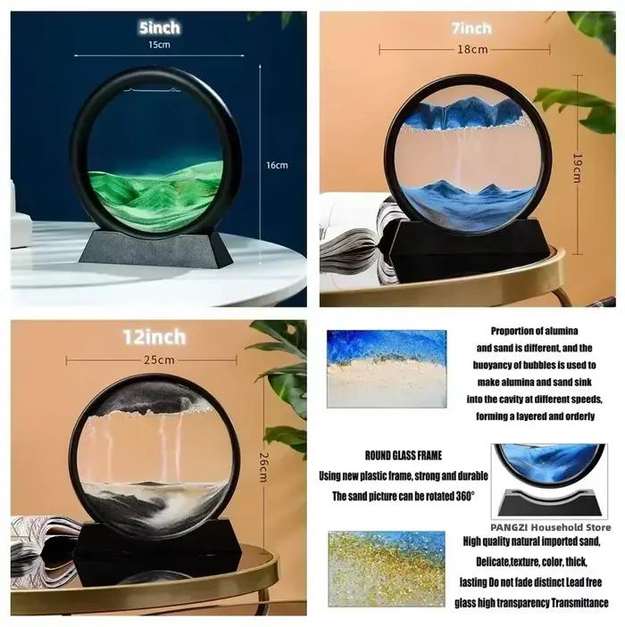 Tableau d'art en sable mouvant 3D rond en verre