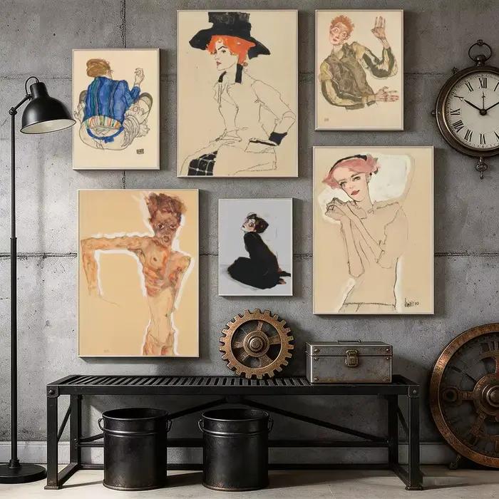 E-Egon Schiele Art Classic Painting Poster HD autocollants muraux auto-adhésifs pour chambre à coucher
