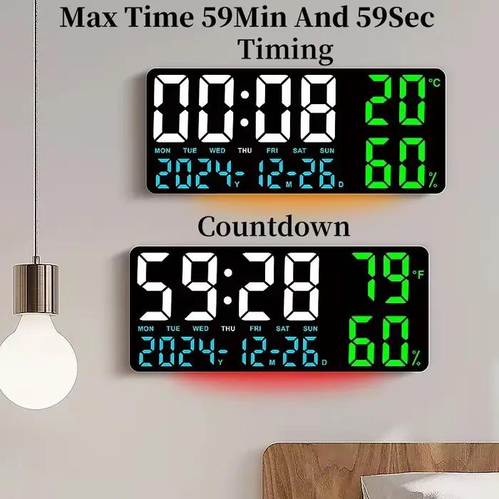 Grande horloge murale numérique avec lumière d'ambiance 7 couleurs