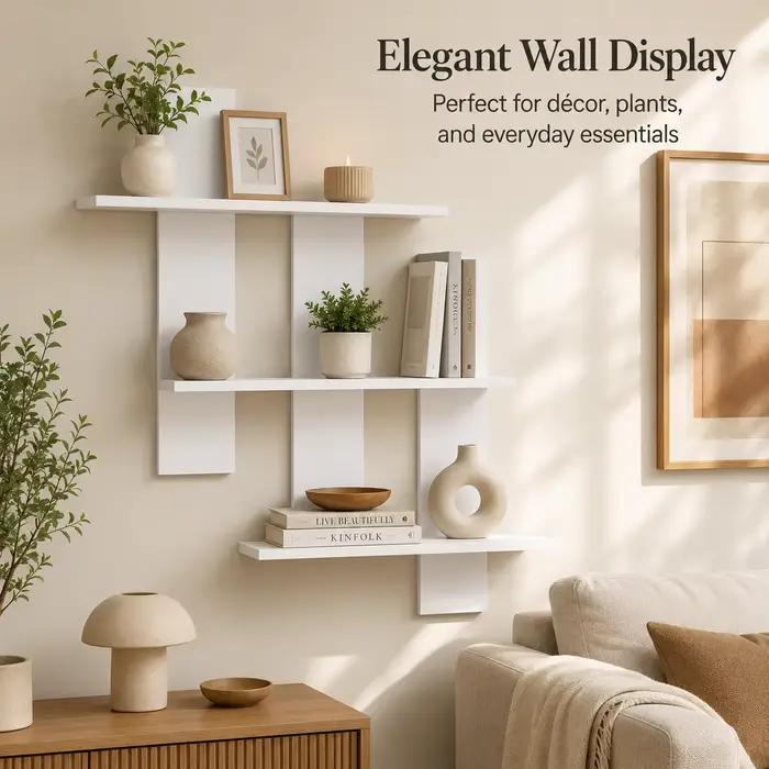 Étagère murale flottante abstraite moderne, étagère de présentation asymétrique blanche à trois niveaux, étagère décorative murale