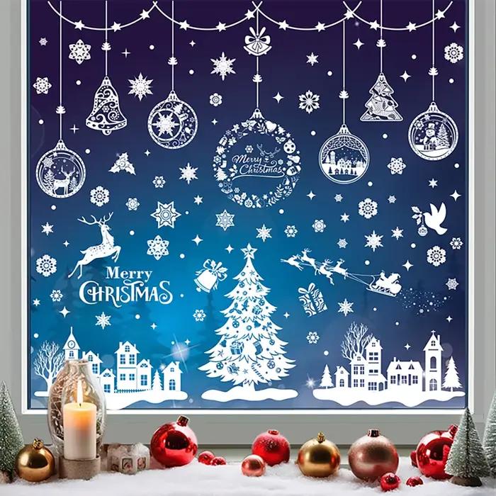 Autocollants de fenêtre de Noël électrostatiques, flocon de neige blanc, autocollant mural de renne, décorations de nouvel an, 9 pièces