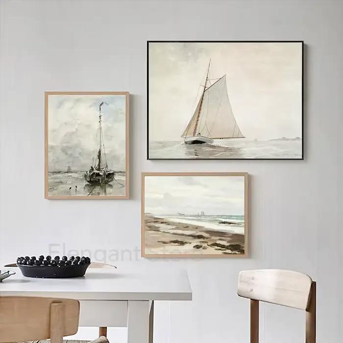 Peinture aquarelle sur toile de paysage marin Vintage