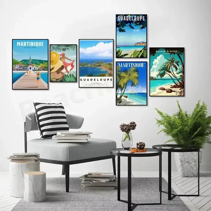 Affiche de voyage Guadeloupe Plages Mer des Caraïbes Martinique Indies Occidentales Vacances Art