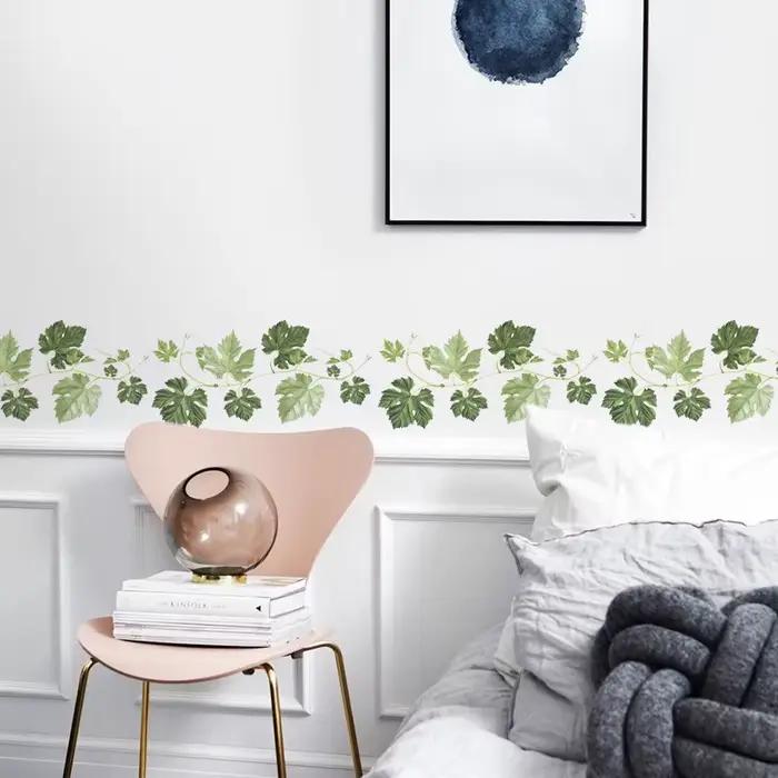 Autocollants muraux de plinthe motif feuille de vigne verte pour chambre et salon