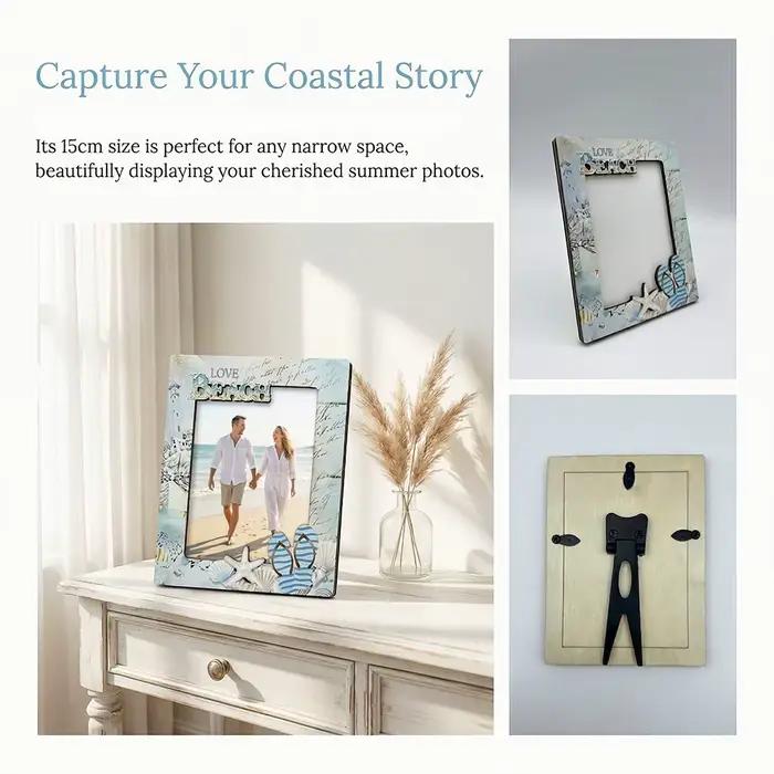 1 cadre photo en bois sur le thème de la plage côtière - Design nautique océanique - Support autoportant pour photos 5x3