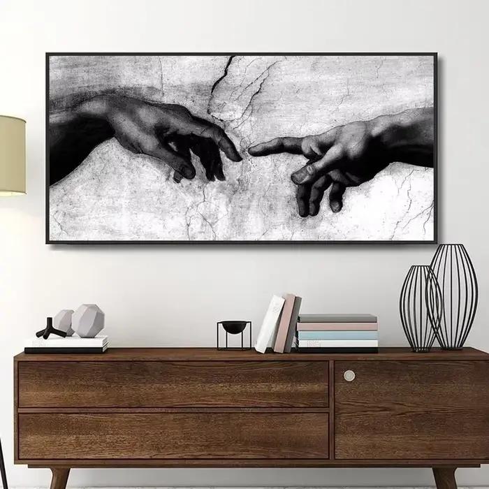 Main de dieu, création d'adam, peinture sur toile noire et blanche imprimée sur images d'art murales de Canavs pour décor de salon (sans cadre)