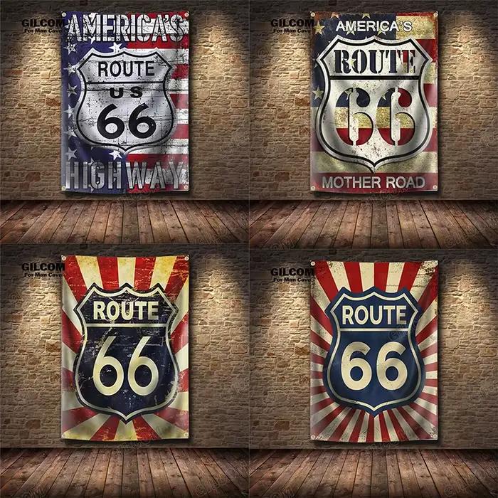 America's Route 66 US Mother Road rétro bannière drapeau affiche mur Art décoration AD Vintage signe homme grotte Garage Pub Club Bar