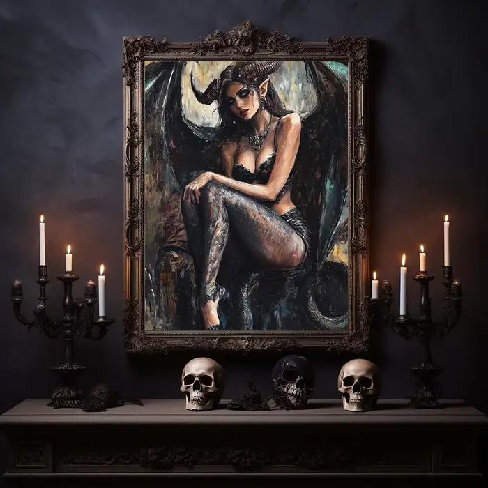 Belle déesse à cornes imprimée d'art Lilith