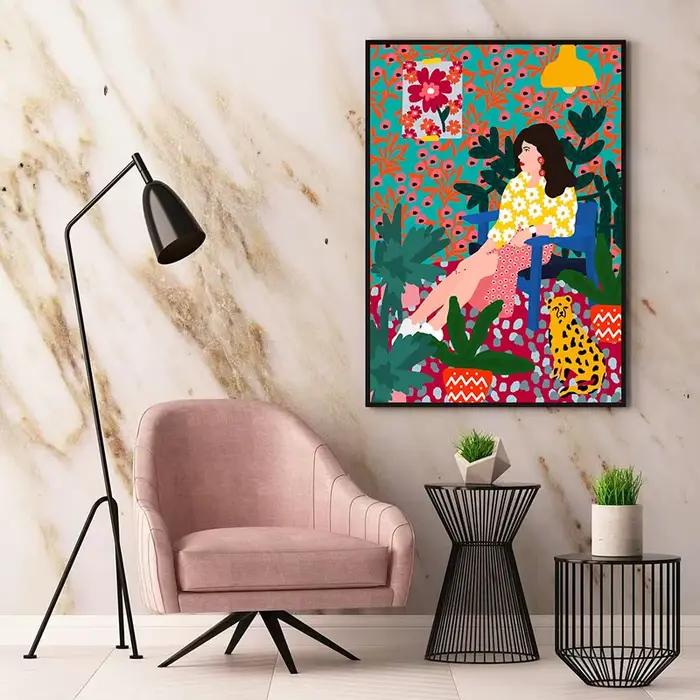 Toile d'art mural de fleurs de fille colorées tropicales