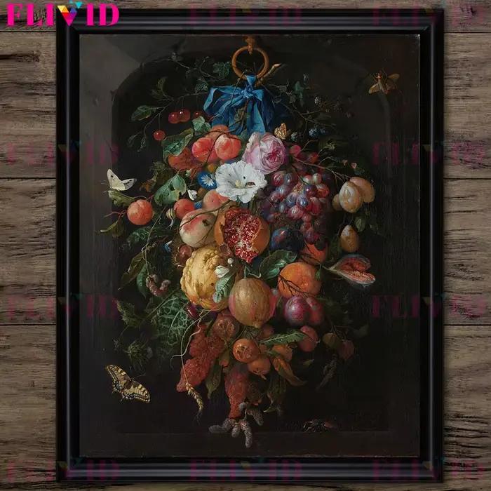 Affiche d'art de bouquet de fruits et de panier de fleurs d'époque victorienne
