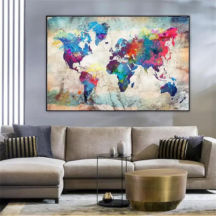 Toile imprimée de carte du monde colorée Vintage