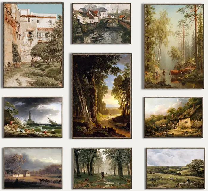 Toile peinture nordique automne ferme rurale forêt montagne rivière paysage rétro impression mur Art photo décor à la maison décoration murale