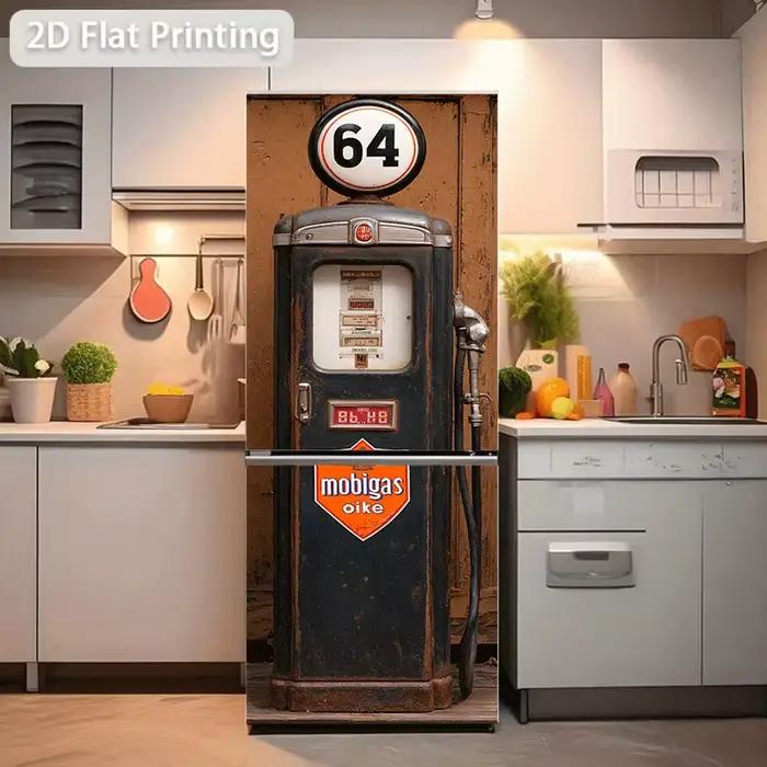 Autocollant pour réfrigérateur [60×180 cm] – Décoration murale rétro sur le thème de la station-service – Papier peint