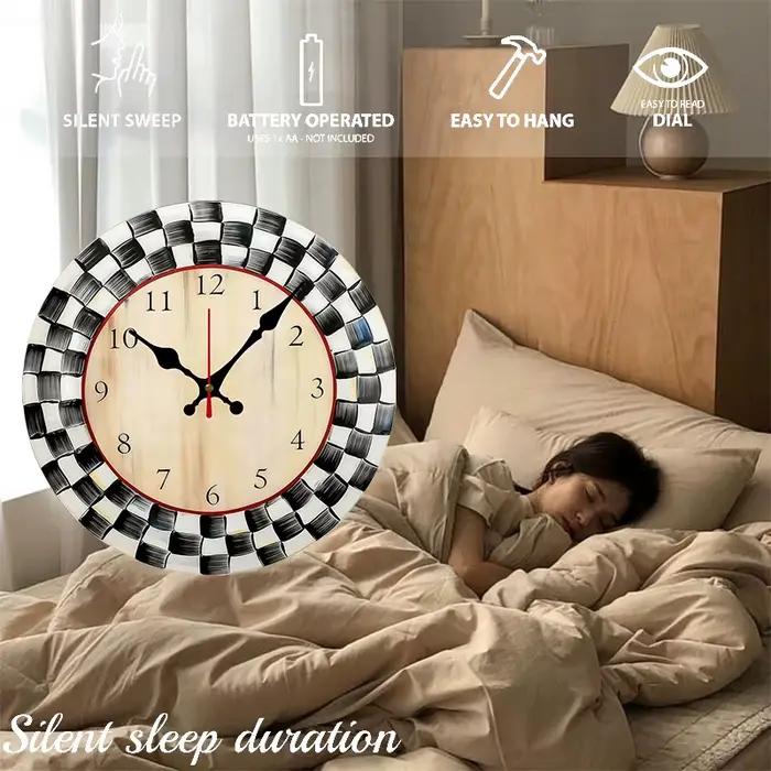 Horloge murale suspendue silencieuse ronde en bois à grille noire et blanche