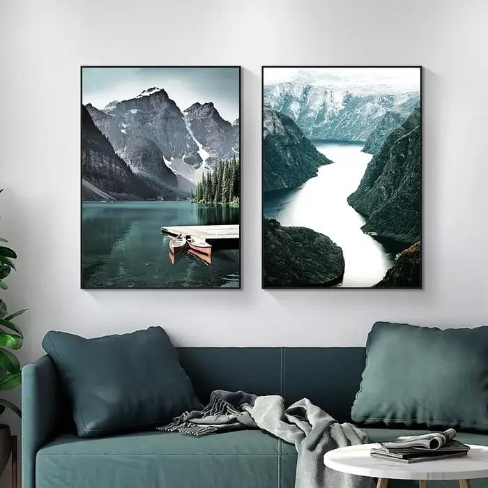 Toile de peinture de paysage de voyage scandinave, bateau de montagne, herbe, affiche nordique imprimée, tableau d'art mural, décor de salon moderne