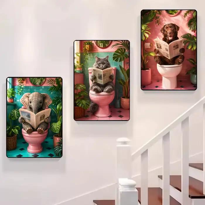 Tableau mural sur toile avec chat de salle de bain lisant sur les toilettes, calligraphie, pour décoration intérieure de chambre et maison
