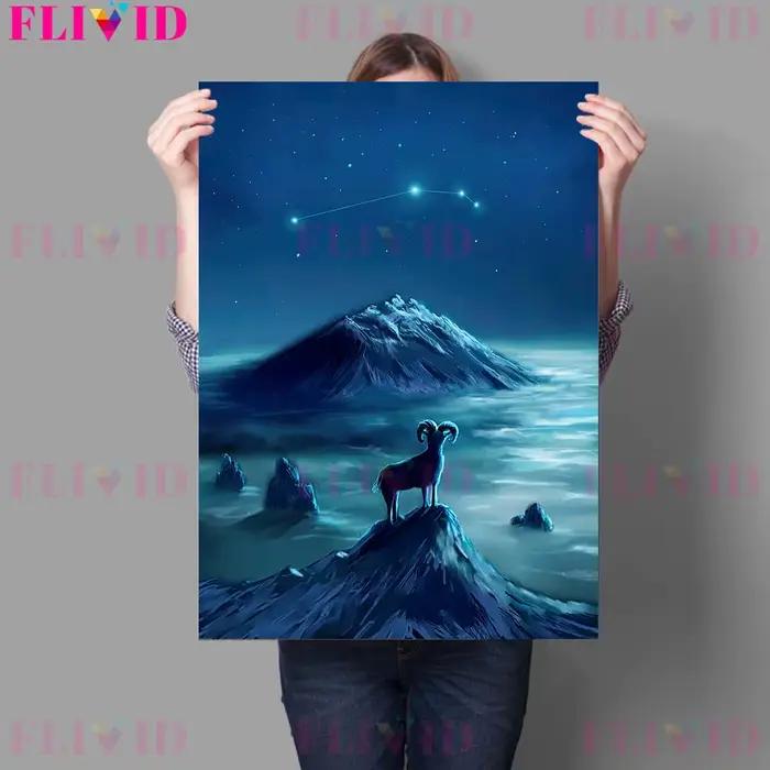 Affiche d'art d'astrologie bleue de signes du zodiaque et impression de douze Constellations