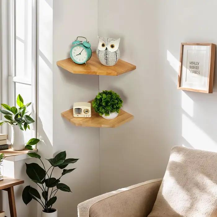 Étagères d'angle murales pour salon chambre présentoir en bois ensemble de 2 pour petites plantes cadres Photo
