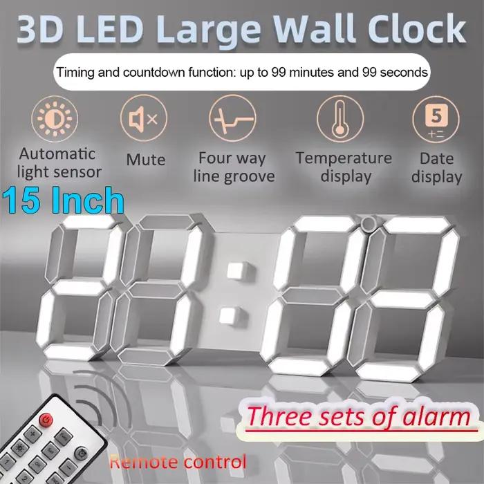 Horloge murale numérique LED de 15 pouces, affichage 3D, télécommande, horloge électronique, fonction de synchronisation et de compte à rebours automatiques