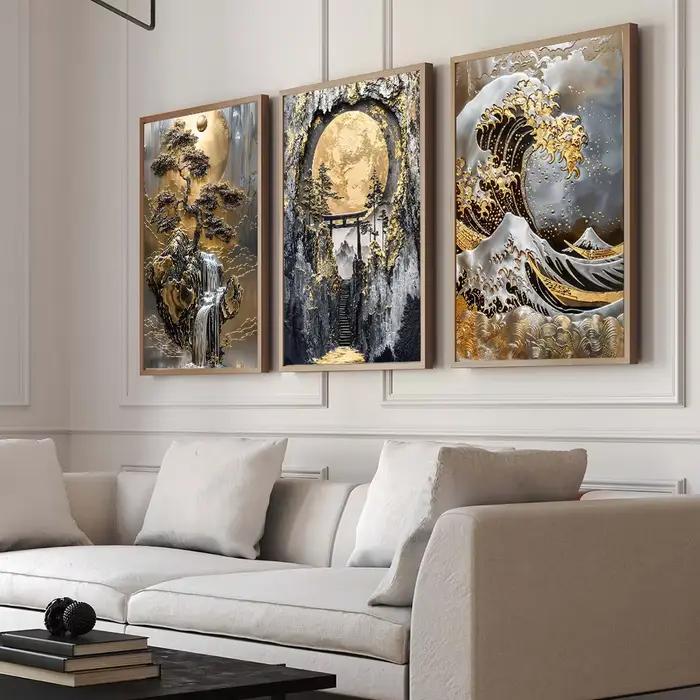 Toile de peinture abstraite d'arbre doré et de lune