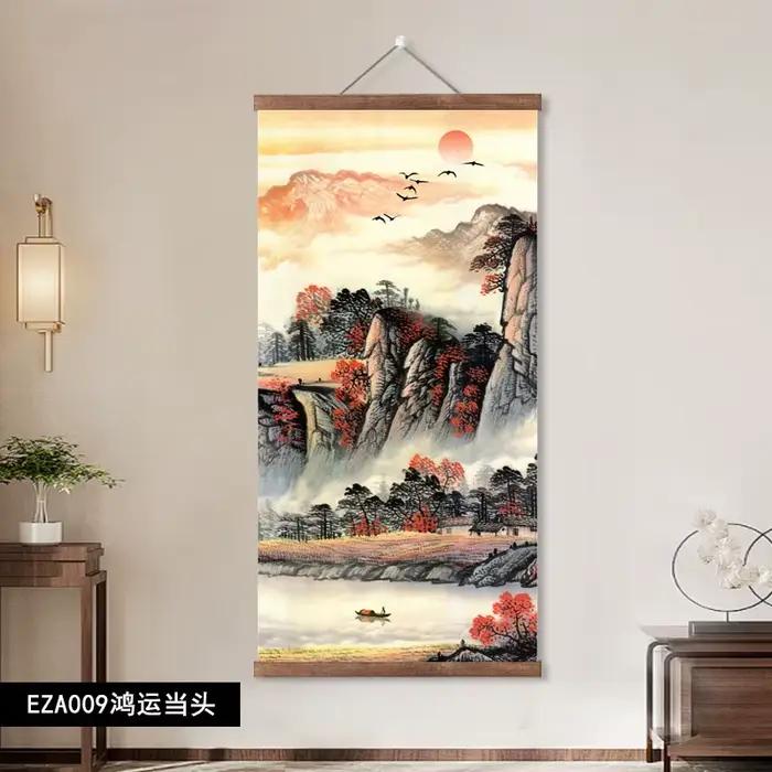 Collection de peintures murales chinoises sur rouleau ; Soleil levant ; Qi violet venant de l'Est ; Eau courante apportant la richesse ; Décoration murale