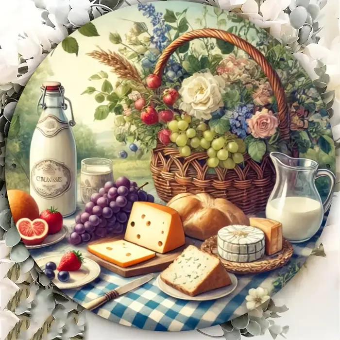 Assiette murale décorative rustique sur le thème de la nourriture - Art rond en aluminium de 8x8 pouces avec motifs de
