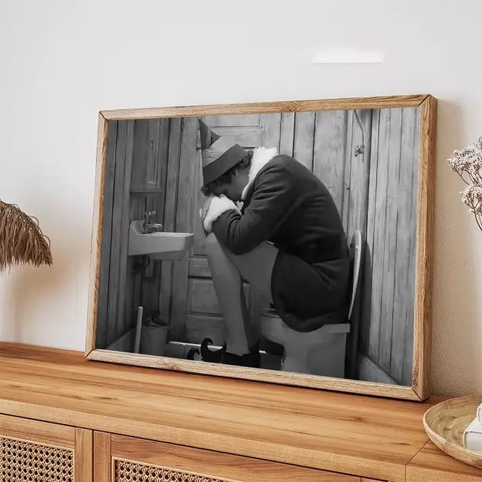 Scènes de film drôles, série d'art de salle de bains, affiche imprimée sur toile noire et blanche, images murales de maison, décor de toilettes moderne