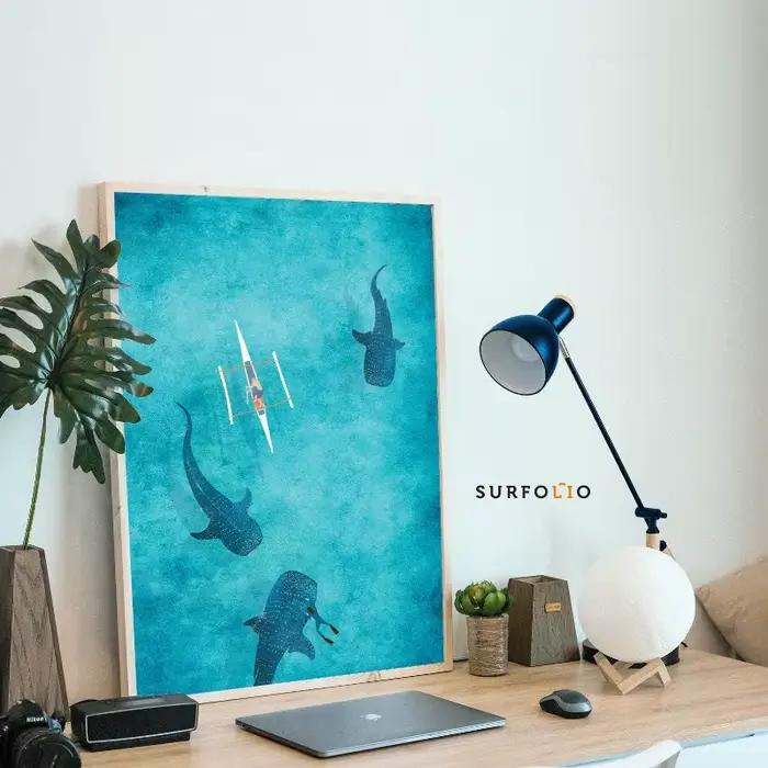Aquarelle bleue océan organisme marin baleine requin Manta rayons affiche mer plage Surf toile peinture mur Art pour chambre décor à la maison