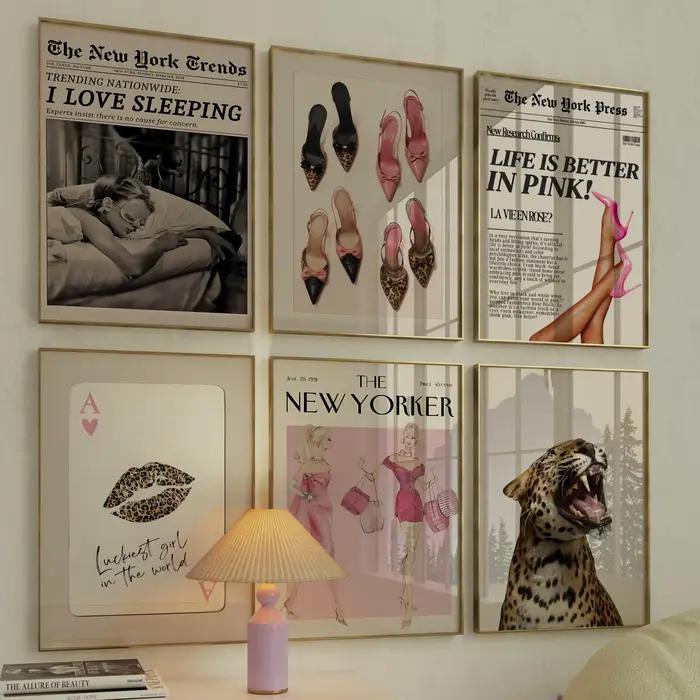 Nouveau Style Yorker rose léopard toile impression peinture Vintage rétro Magazine mur Art pour salon chambre bureau décor à la maison