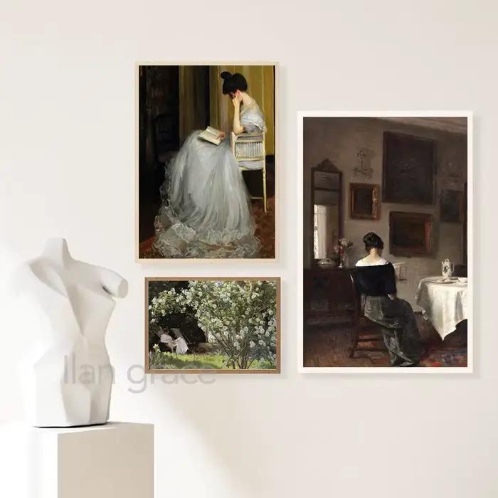 Fille lecture Vintage peinture à l'huile sur toile affiches Antique femme lecteur Portrait Art impression filles chambre bureau maison décoration murale