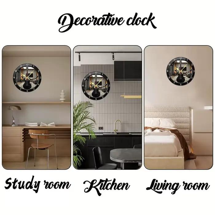 Horloge murale suspendue silencieuse ronde en bois en forme de guitare électrique plate 2D, pour salon, bureau, salle d'étude, chambre à coucher, décoration de la maison