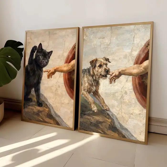 Affiche sur toile « La création d'Adam avec une patte de chat et de chien », impression d'affiche tendance pour décoration de salon et de maison