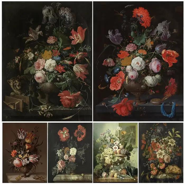 Affiche d'art de bouquet de fruits et de panier de fleurs d'époque victorienne