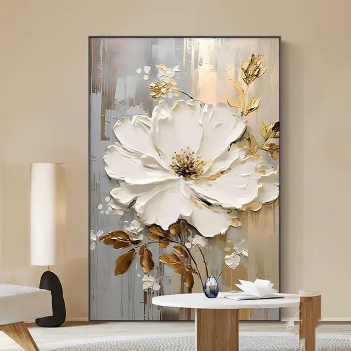 Peinture à l'huile abstraite de fleurs blanches imprimées sur toile