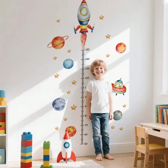 Autocollants muraux pour tableau de croissance des enfants, 2 feuilles – Suivi de la taille et de la longueur amovible avec fusée, planètes, étoiles et règle numérotée