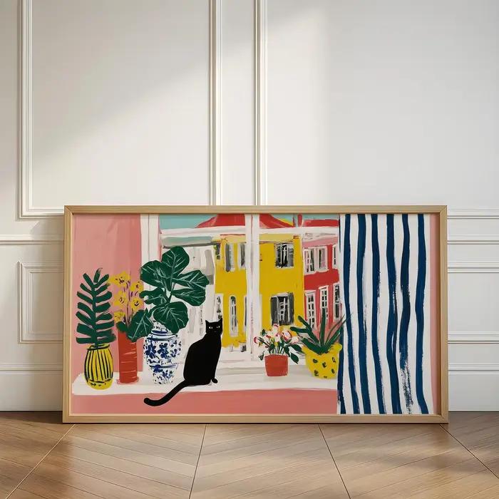 Série Matisse, toile murale abstraite avec chat noir et fleurs colorées dans un vase