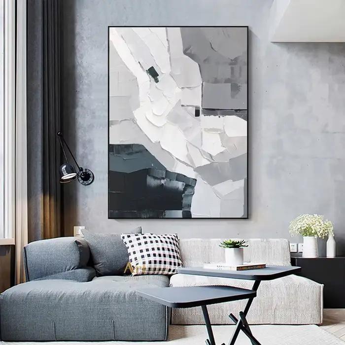 Peinture murale minimaliste gris et blanc peinte à la main
