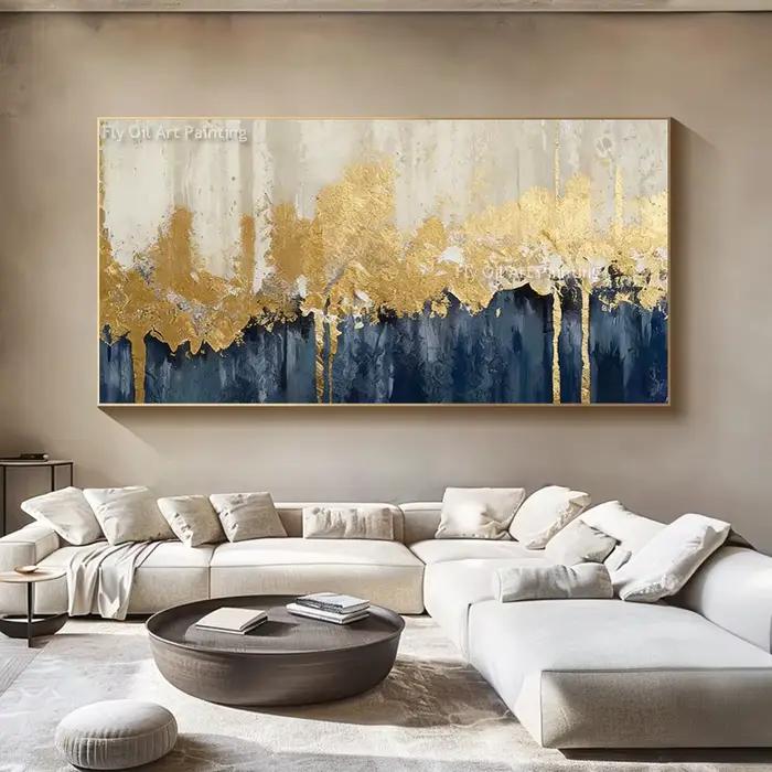 Toile moderne peinte à la main en feuille d'or bleue et Beige