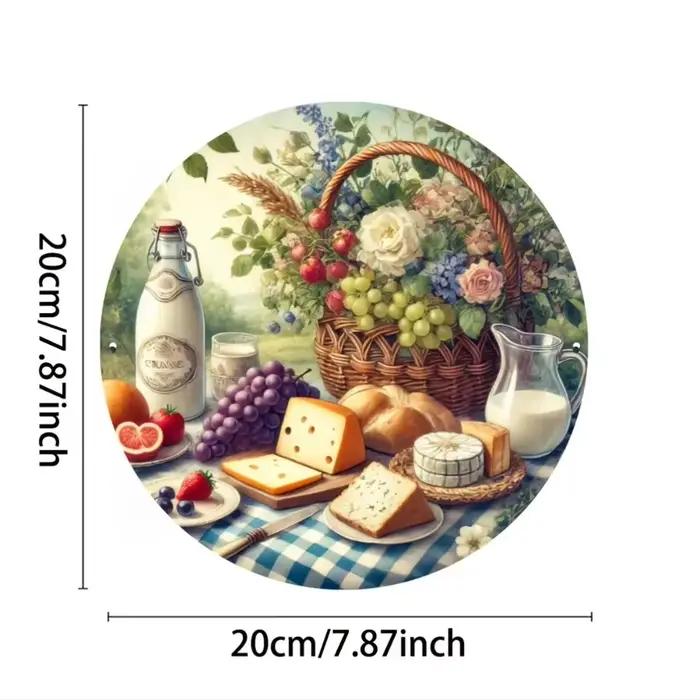 Assiette murale décorative rustique sur le thème de la nourriture - Art rond en aluminium de 8x8 pouces avec motifs de