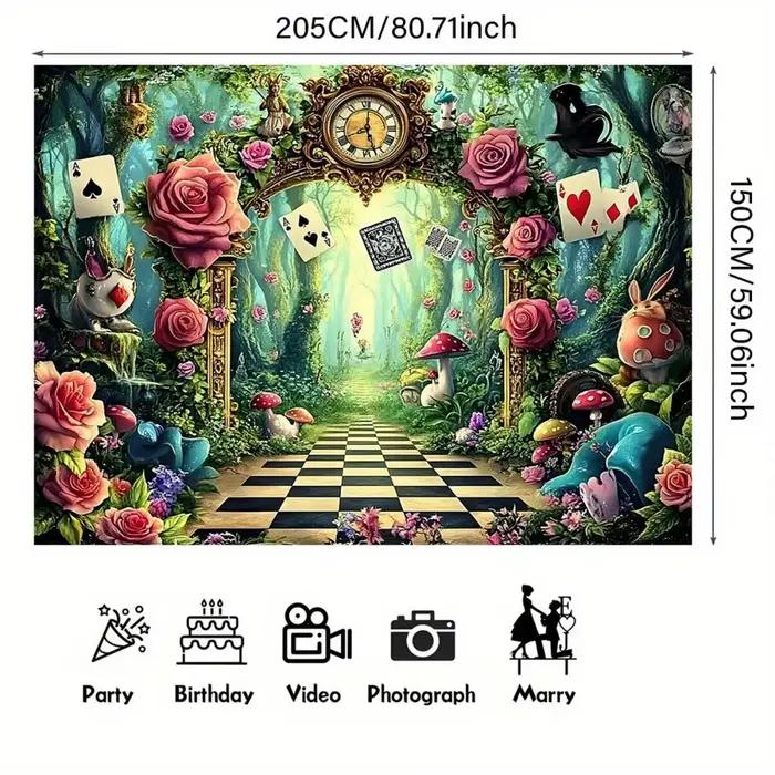 Tapisserie murale Alice au pays des merveilles, décoration de jardin de forêt fantastique, chemin de jeu d'échecs, horloge rose, thème Alice, décoration de chambre, impression 2D plate