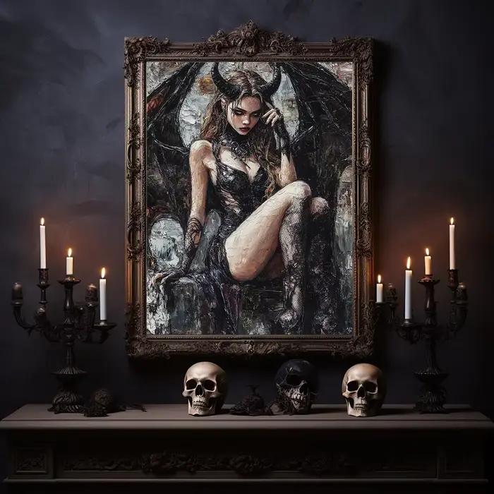 Belle déesse à cornes imprimée d'art Lilith