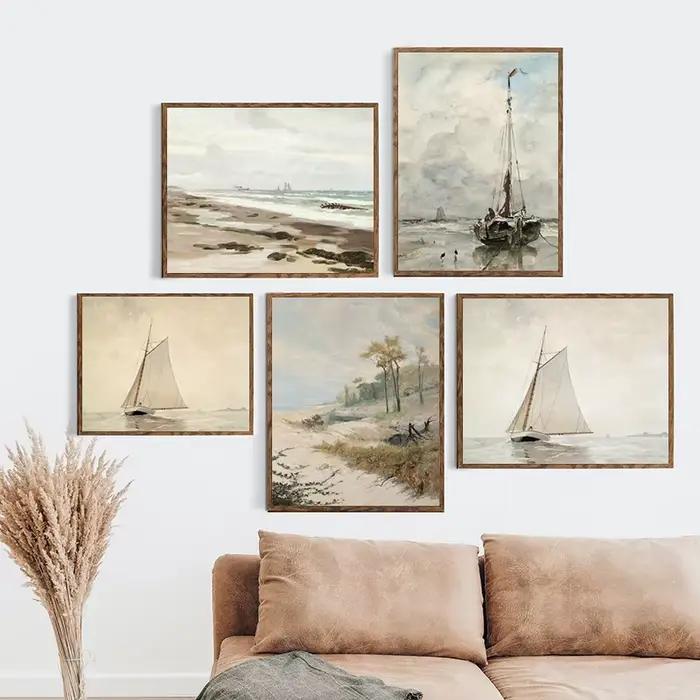 Peinture aquarelle sur toile de paysage marin Vintage